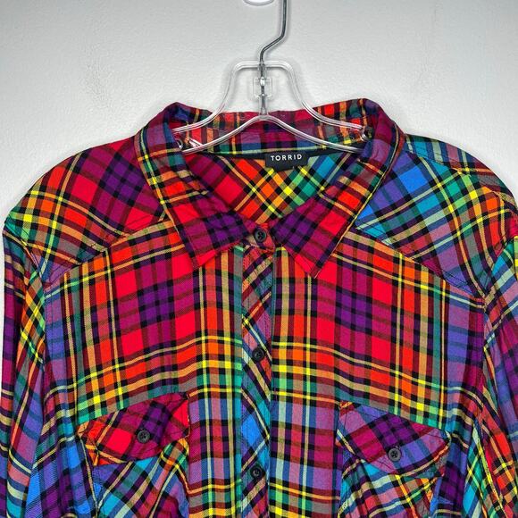 Torrid Challis Button-Down Long Sleeve Shirt Rainbow Plaid Size 3X Fall Western - Picture 4 of 15